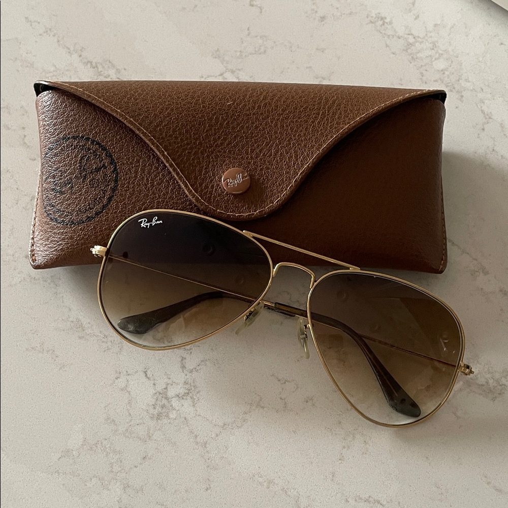 Ray-Ban Gold Aviator Sunglasses with Brown Leather Case